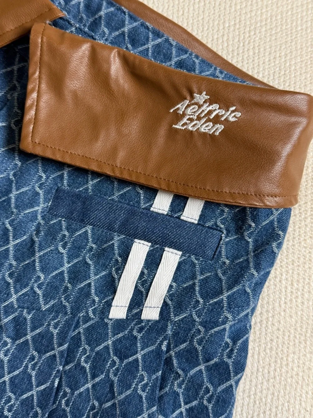 Aelfric Eden Navy Patterned Pleated Skirt with Brown Faux-Leather Waistband - Picture 4 of 7